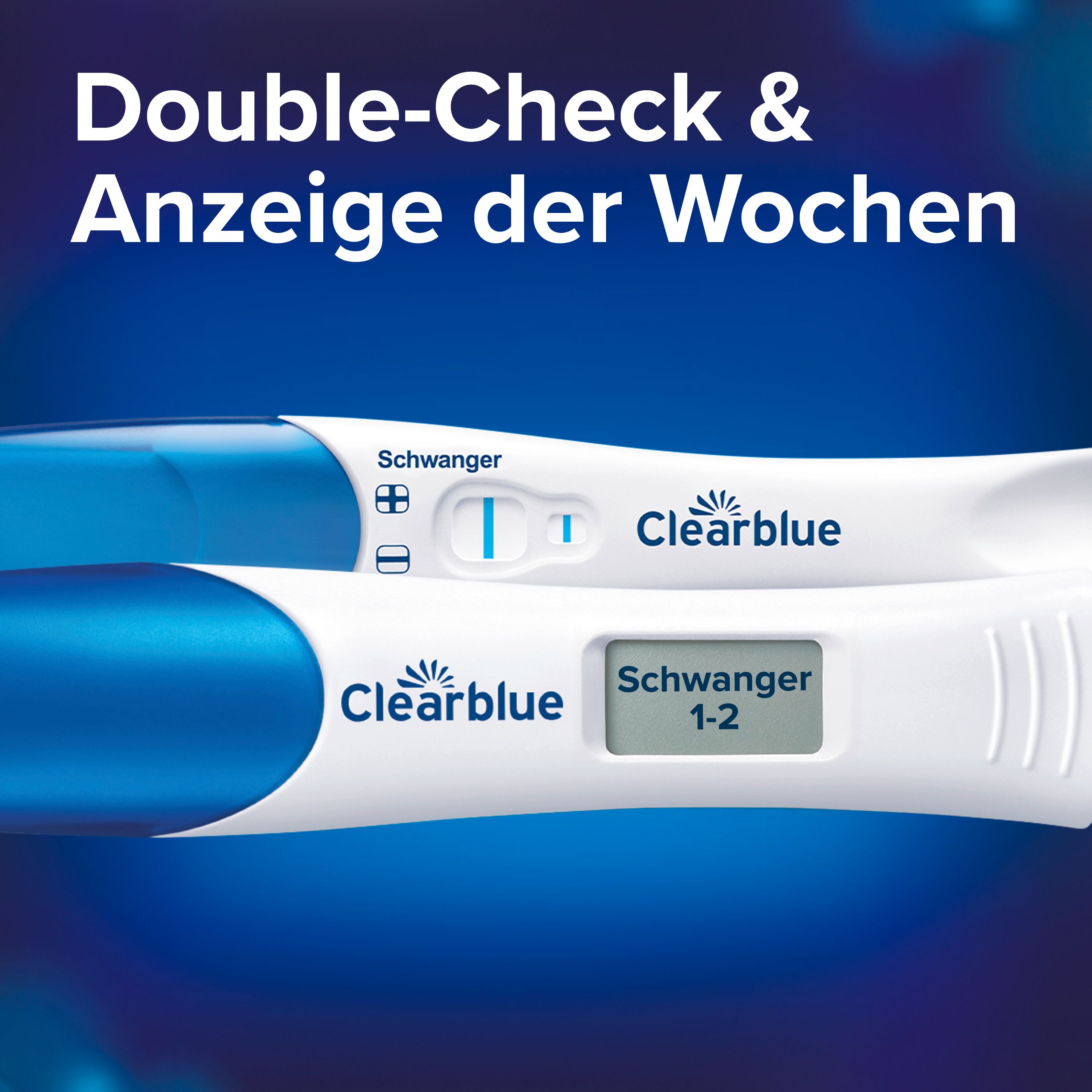 Zwei Clearblue Schwangerschaftstests. Einer zeigt ein Ergebnis, der andere eine digitale Anzeige. Text: "Double-Check & Anzeige der Wochen".