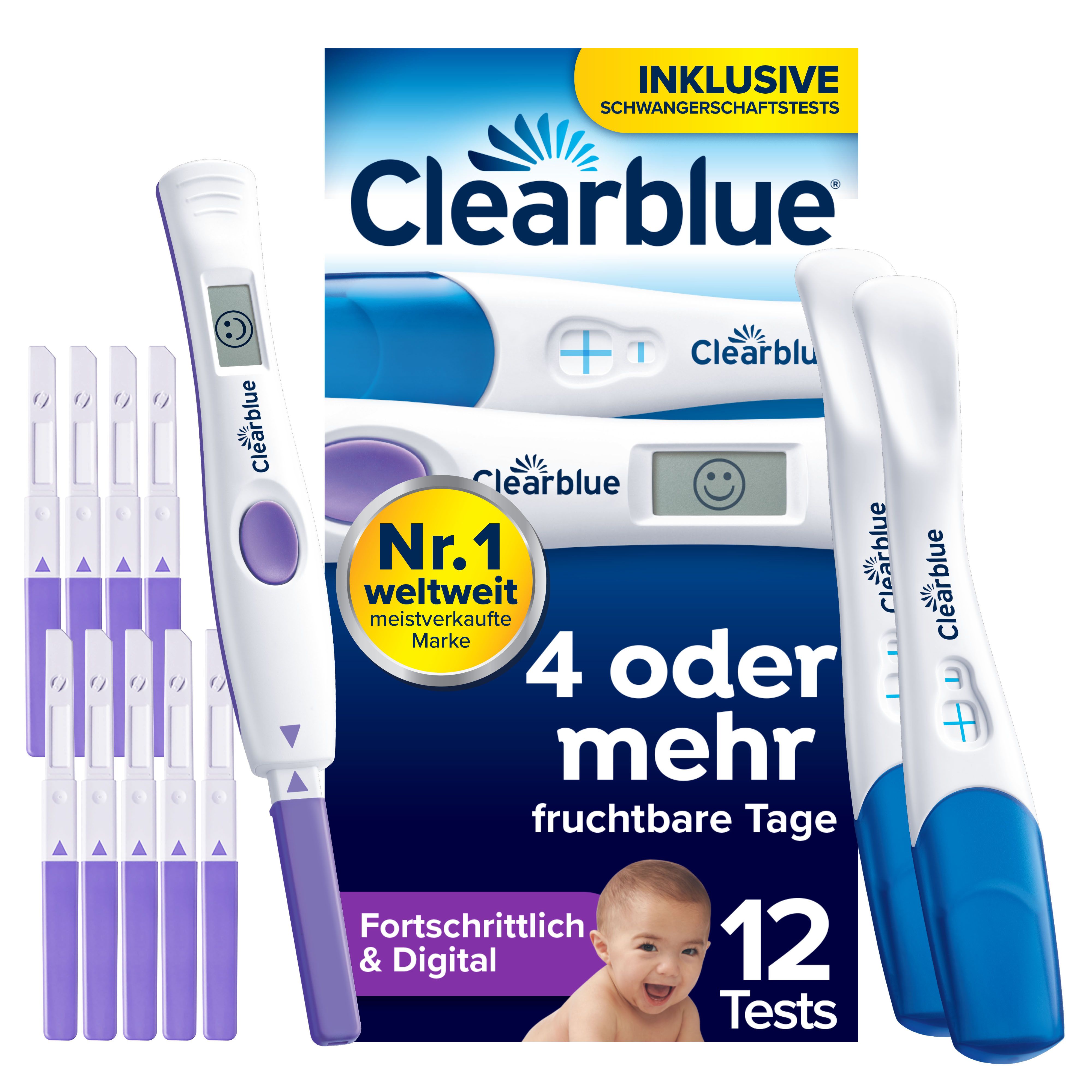 Packung Clearblue Ovulationstest und Schwangerschaftstest. Digitales Display, Teststäbchen. Inklusive Schwangerschaftstests.