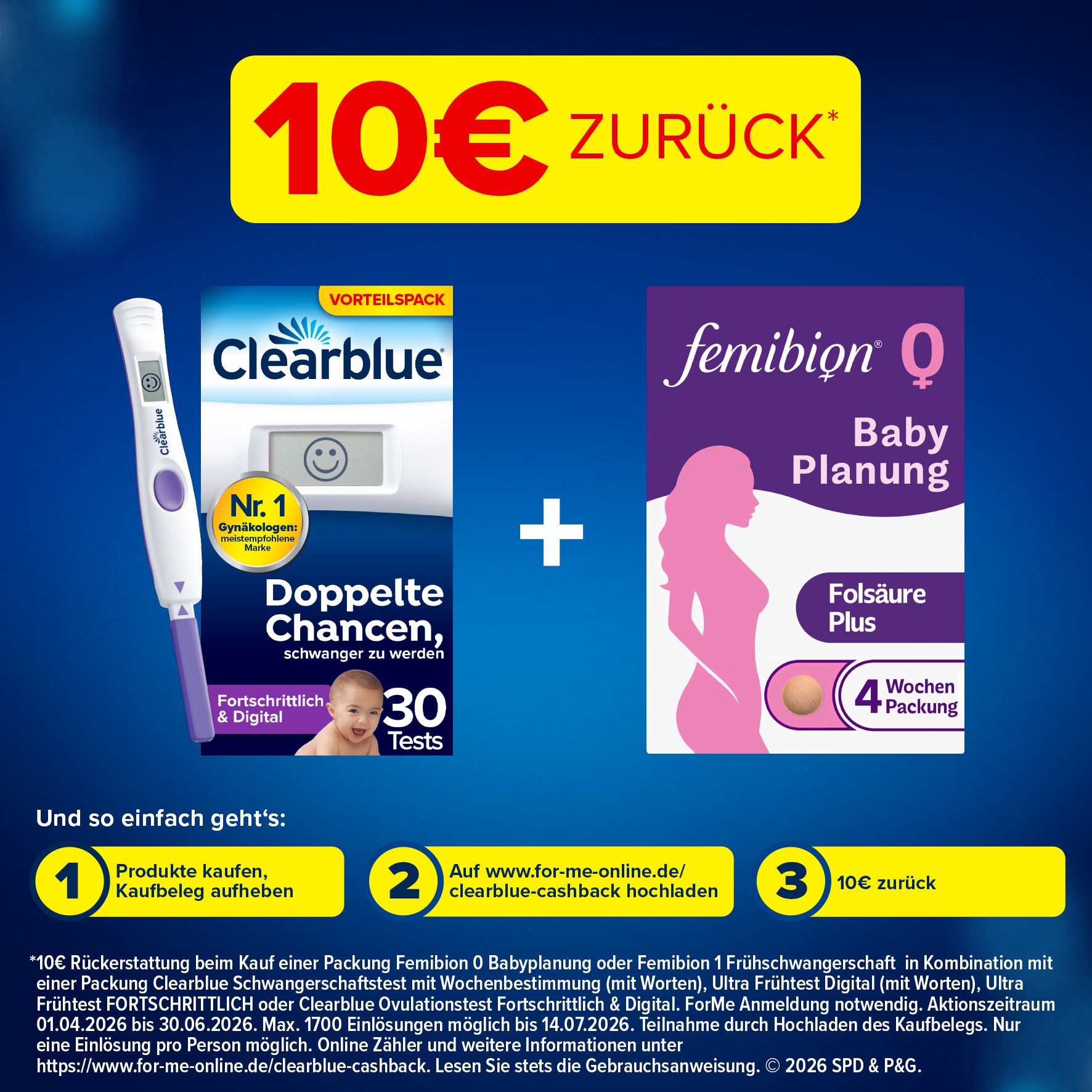 Clearblue Ovulationstest und Femibion. Doppelter Chancen, schwanger zu werden. 30 Tests. 10€ Rückerstattung.