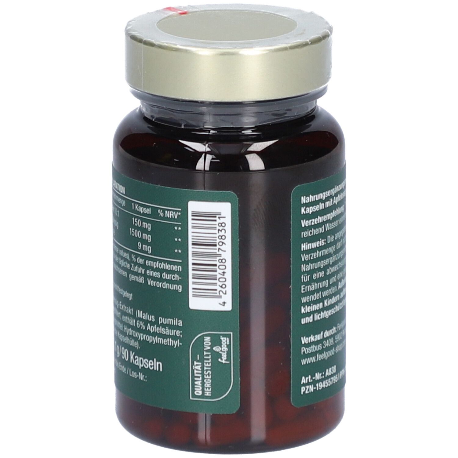 Produktflasche mit Text und Barcode. Text: Nahrungsergänzungsmittel mit Apfelessig-Extrakt. 90 Kapseln. Hersteller.