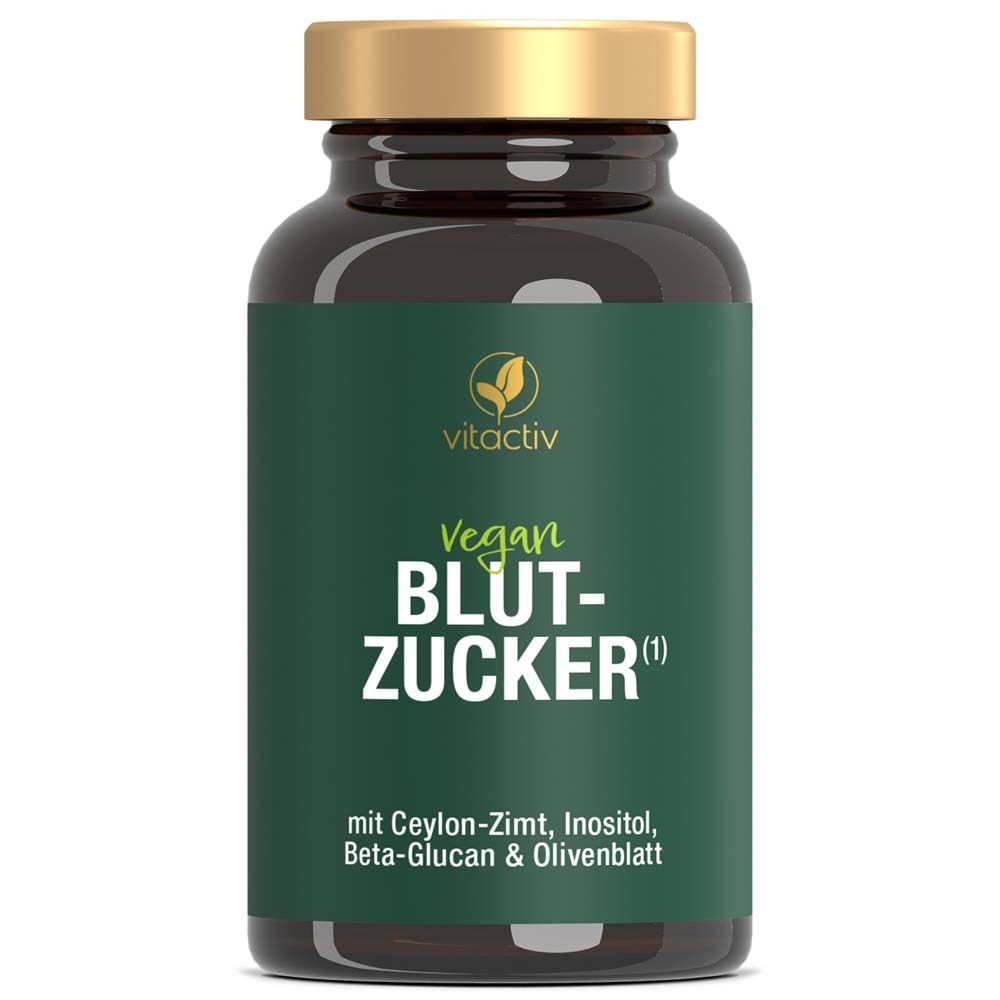 Braune Kapsel-Dose mit goldenem Deckel. Aufschrift: vitactiv Vegan Blutzucker. Enthält Ceylon-Zimt, Inositol, Beta-Glucan & Olivenblatt.