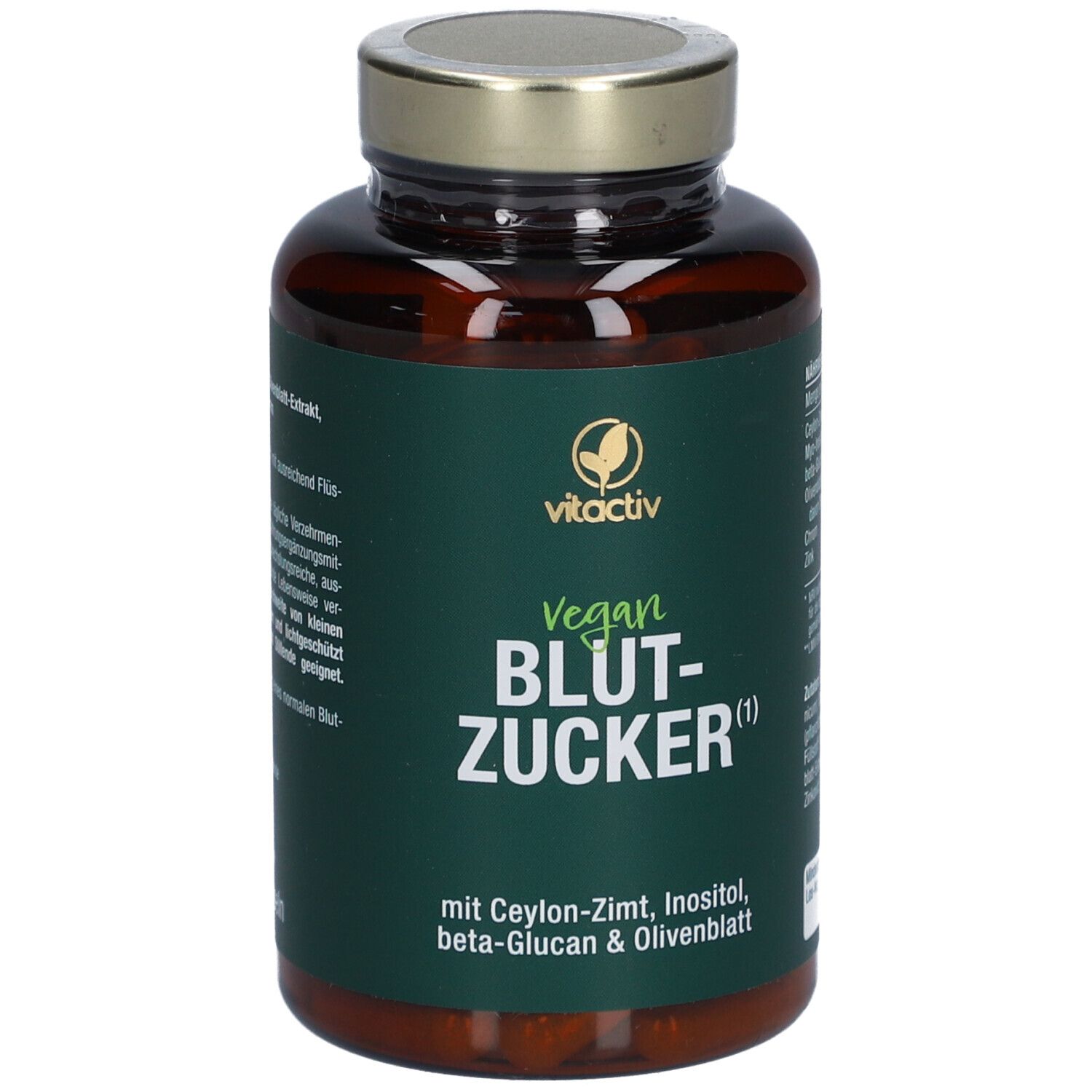 Braune Kapsel-Dose mit goldenem Deckel. Aufschrift: vitactiv Vegan Blutzucker. Enthält Ceylon-Zimt, Inositol, Beta-Glucan & Olivenblatt.