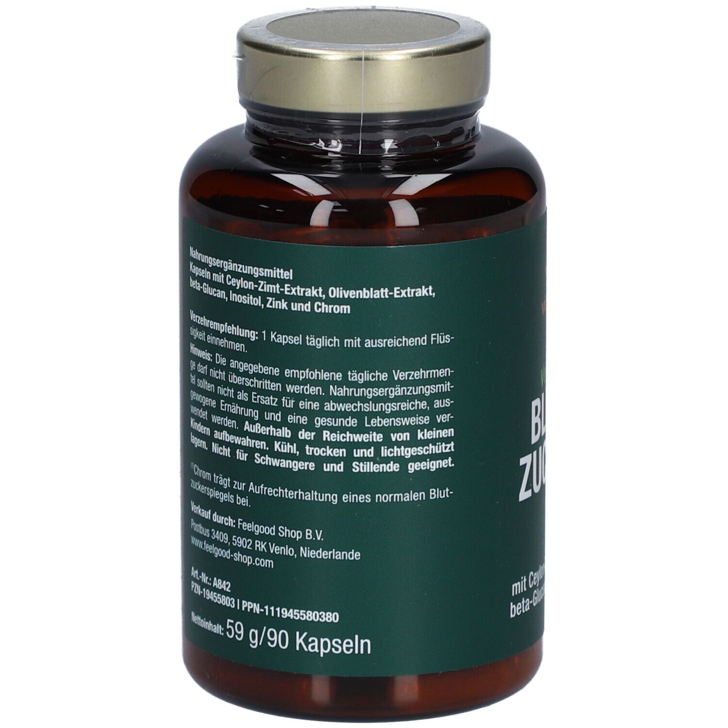 Rückseite der Kapsel-Dose mit Text. Enthält Ceylon-Zimt-Extrakt, Olivenblatt-Extrakt, Inositol, Chrom, Zink. vitactiv Logo.