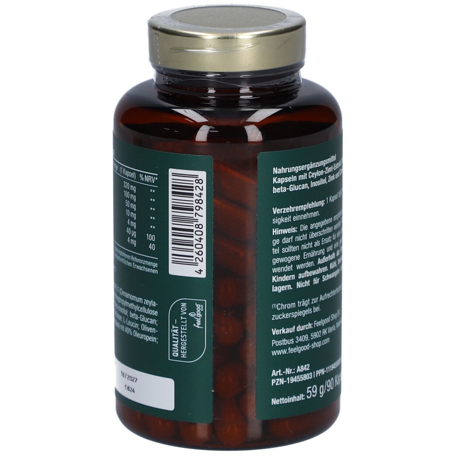 Rückseite der Kapsel-Dose mit Text. Enthält Ceylon-Zimt-Extrakt, Olivenblatt-Extrakt, Inositol, Chrom, Zink. vitactiv Logo.