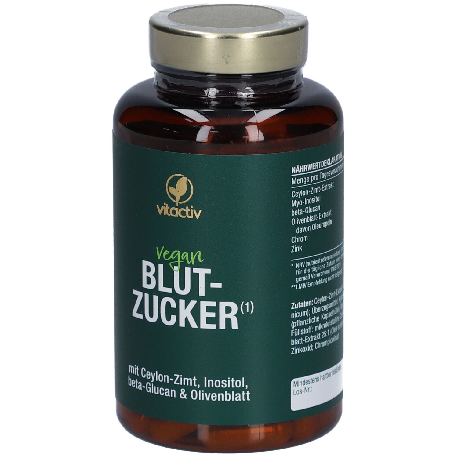 Braune Kapsel-Dose mit goldenem Deckel. Aufschrift: vitactiv Vegan Blutzucker. Enthält Ceylon-Zimt, Inositol, Beta-Glucan & Olivenblatt.
