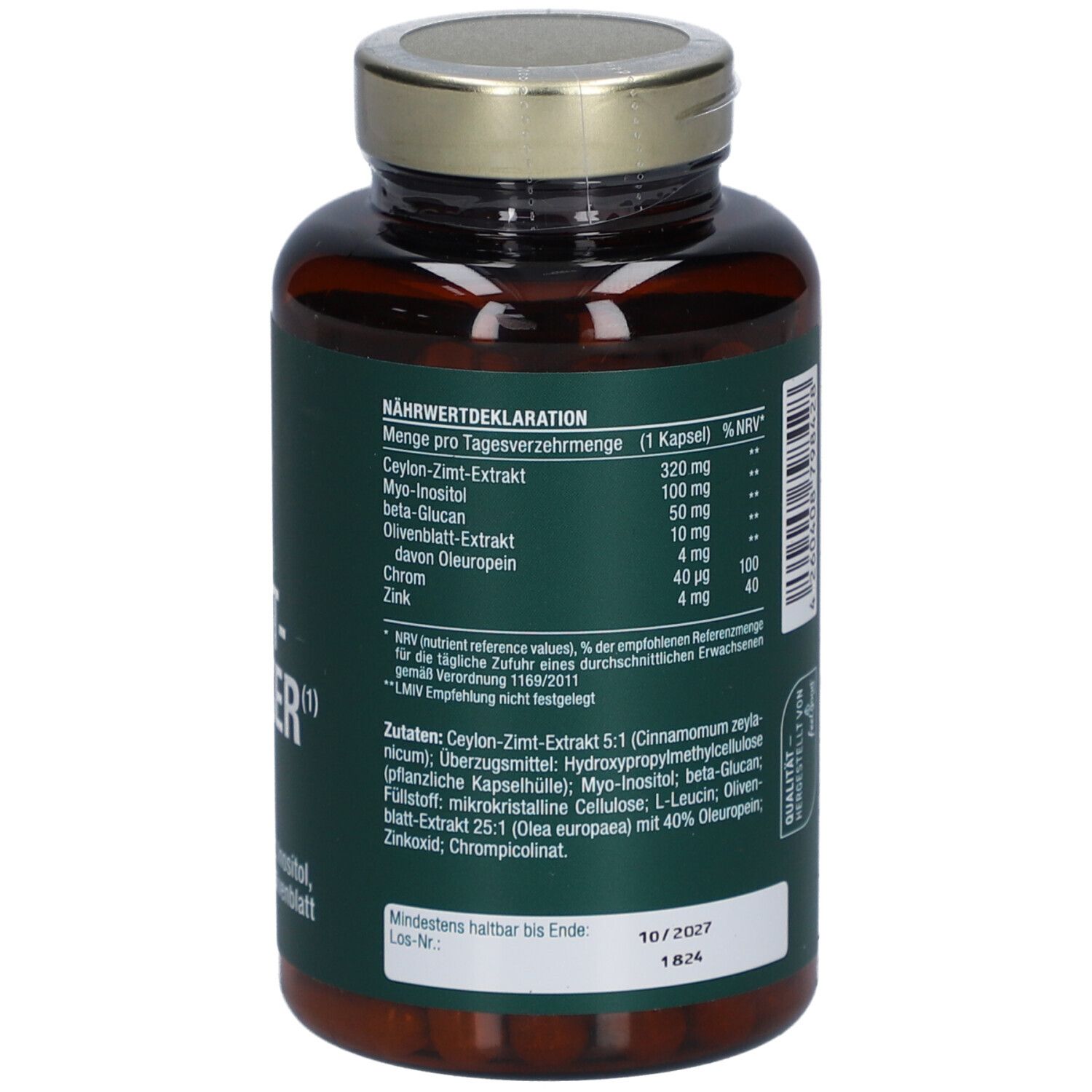 Rückseite der Kapsel-Dose mit Nährwertdeklaration und Zutatenliste. vitactiv Vegan Blutzucker.