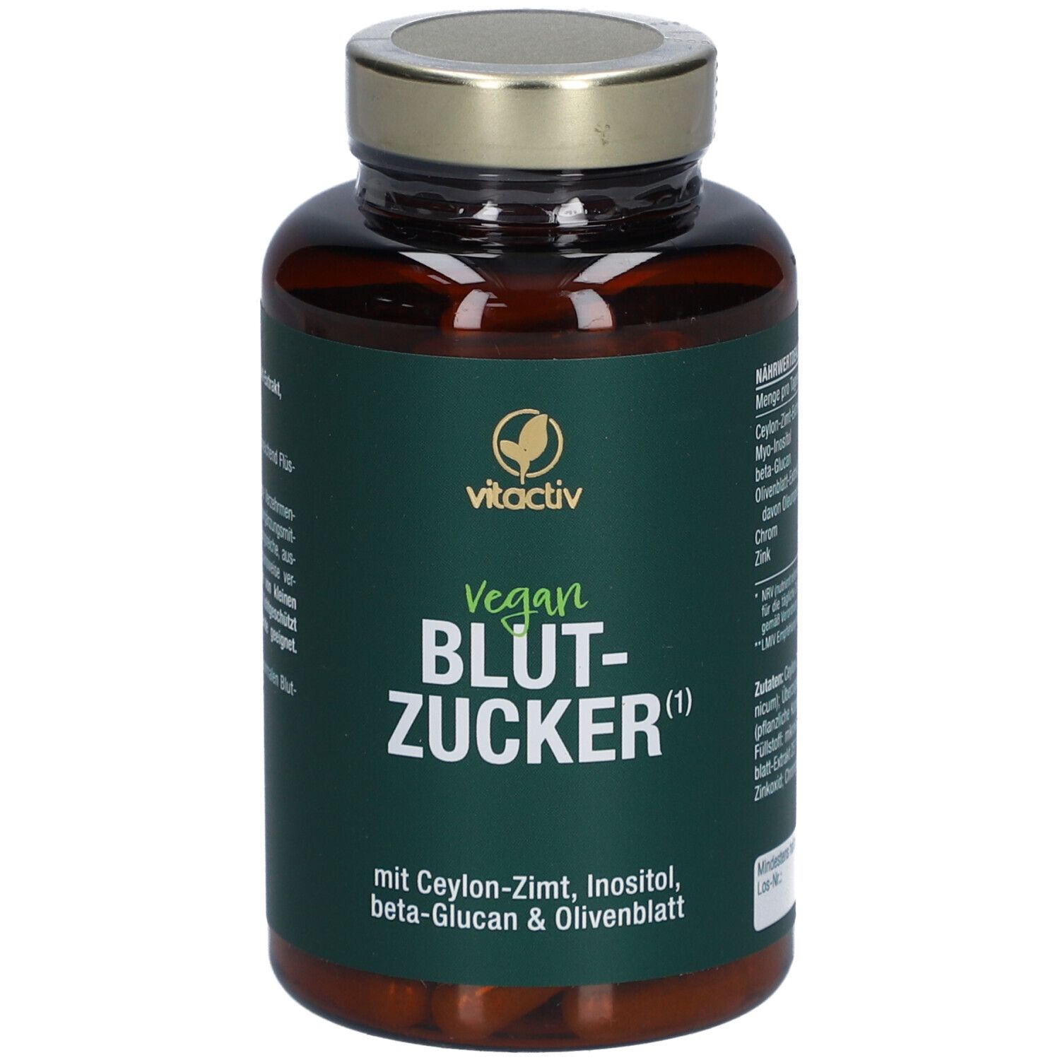 Braune Kapsel-Dose mit goldenem Deckel. Aufschrift: vitactiv Vegan Blutzucker. Enthält Ceylon-Zimt, Inositol, Beta-Glucan & Olivenblatt.