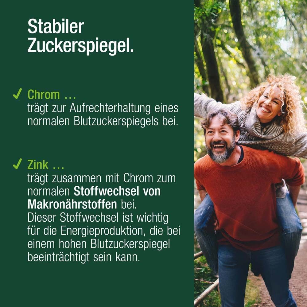 Zwei Personen im Wald. Text: Stabiler Zuckerspiegel. Chrom und Zink tragen zur Aufrechterhaltung eines normalen Blutzuckerspiegels bei.