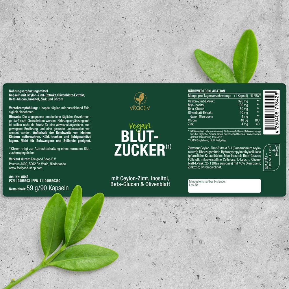 Produktverpackung. Rückseite der Kapsel-Dose mit Nährwertdeklaration und Zutatenliste. vitactiv Vegan Blutzucker.