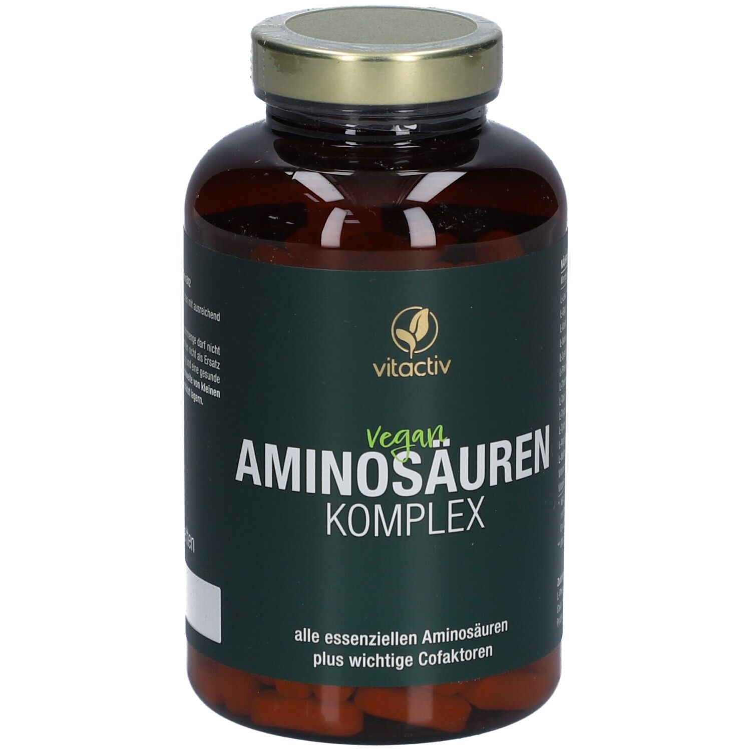 Braune Flasche mit grüner Etikette. Aufschrift: Vitactiv Aminosäuren Komplex vegan.