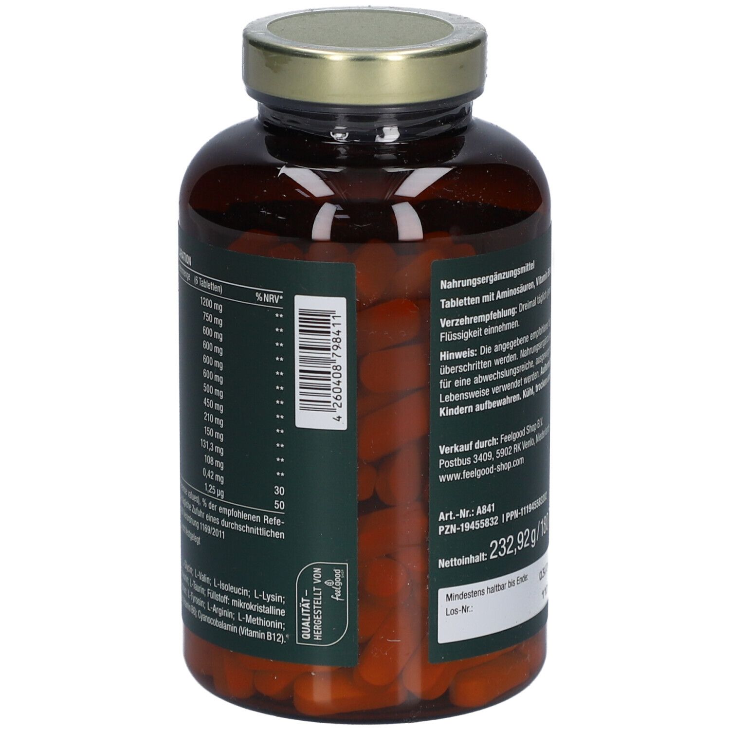 Rückseite der Flasche Vitactiv Aminosäuren Komplex. Enthält Nährwertdeklaration und Inhaltsstoffe.