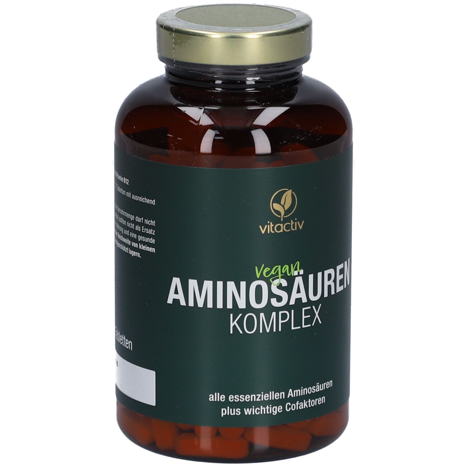 Braune Flasche mit grüner Etikette. Aufschrift: Vitactiv Aminosäuren Komplex vegan.