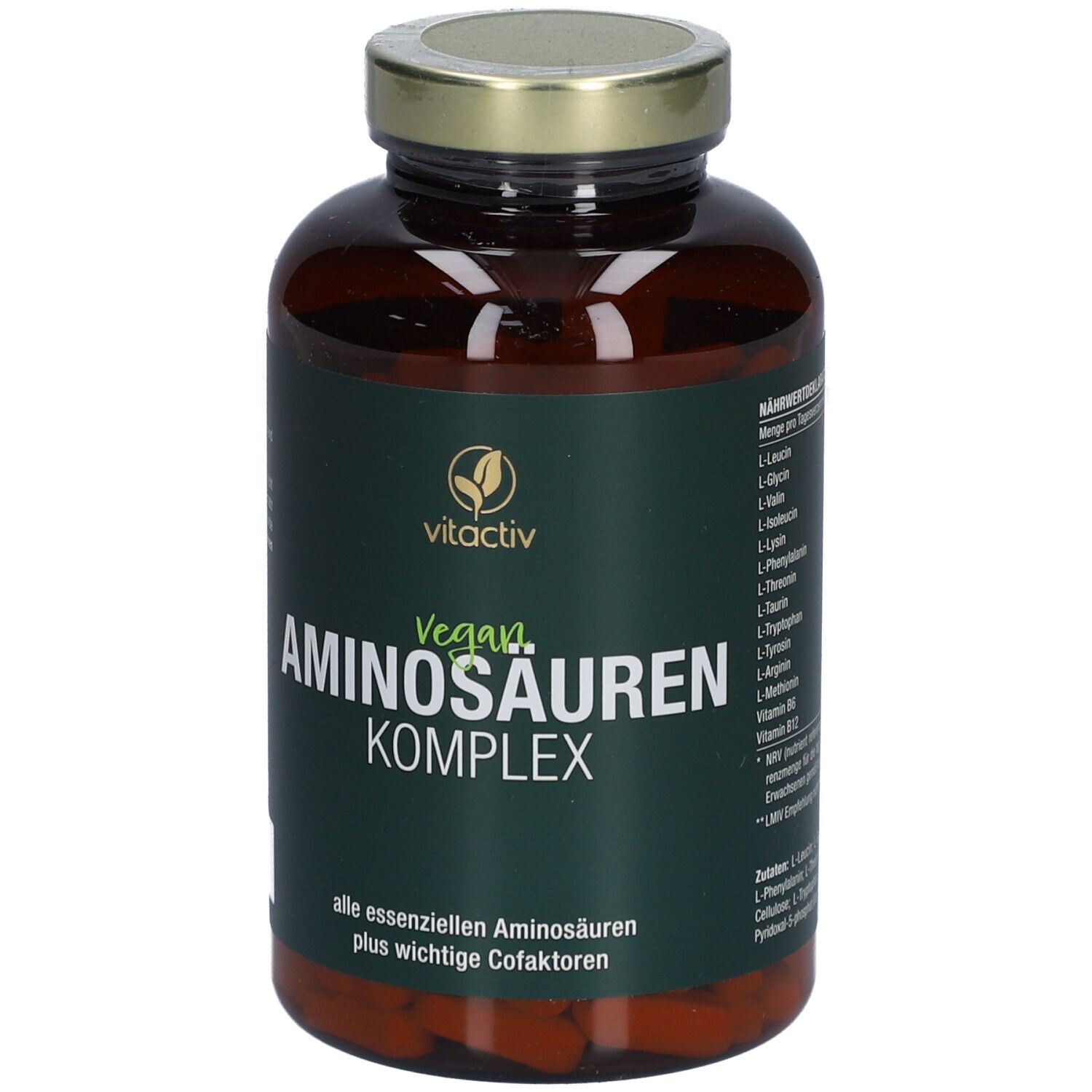 Braune Flasche mit grüner Etikette. Aufschrift: Vitactiv Aminosäuren Komplex vegan.