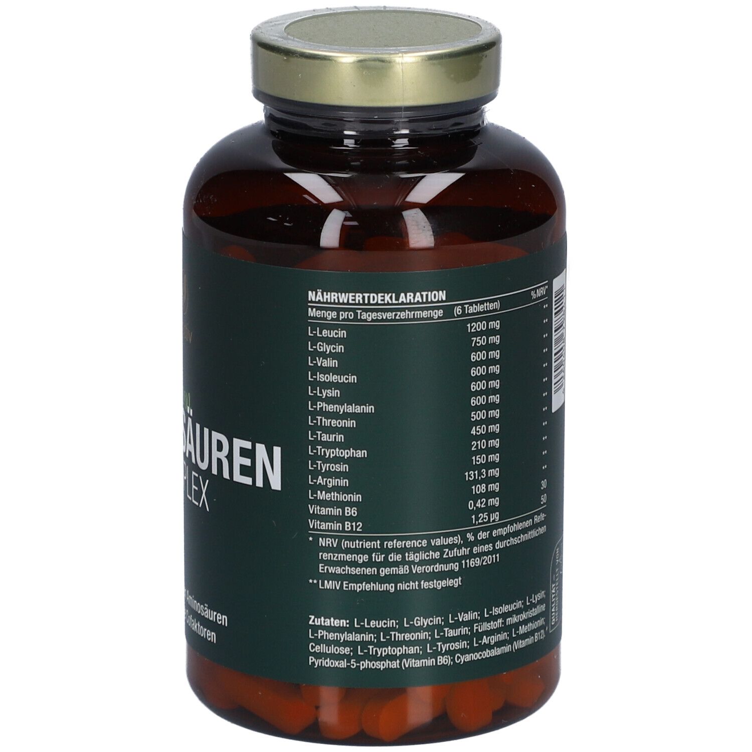 Rückseite der Flasche Vitactiv Aminosäuren Komplex. Enthält Nährwertdeklaration und Inhaltsstoffe.