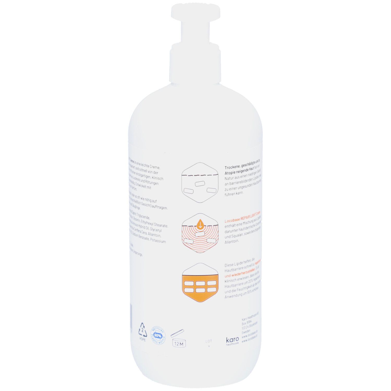 Weiße Flasche mit Pumpverschluss. Text und Piktogramme. Orangefarbenes Designelement. Rückseite.