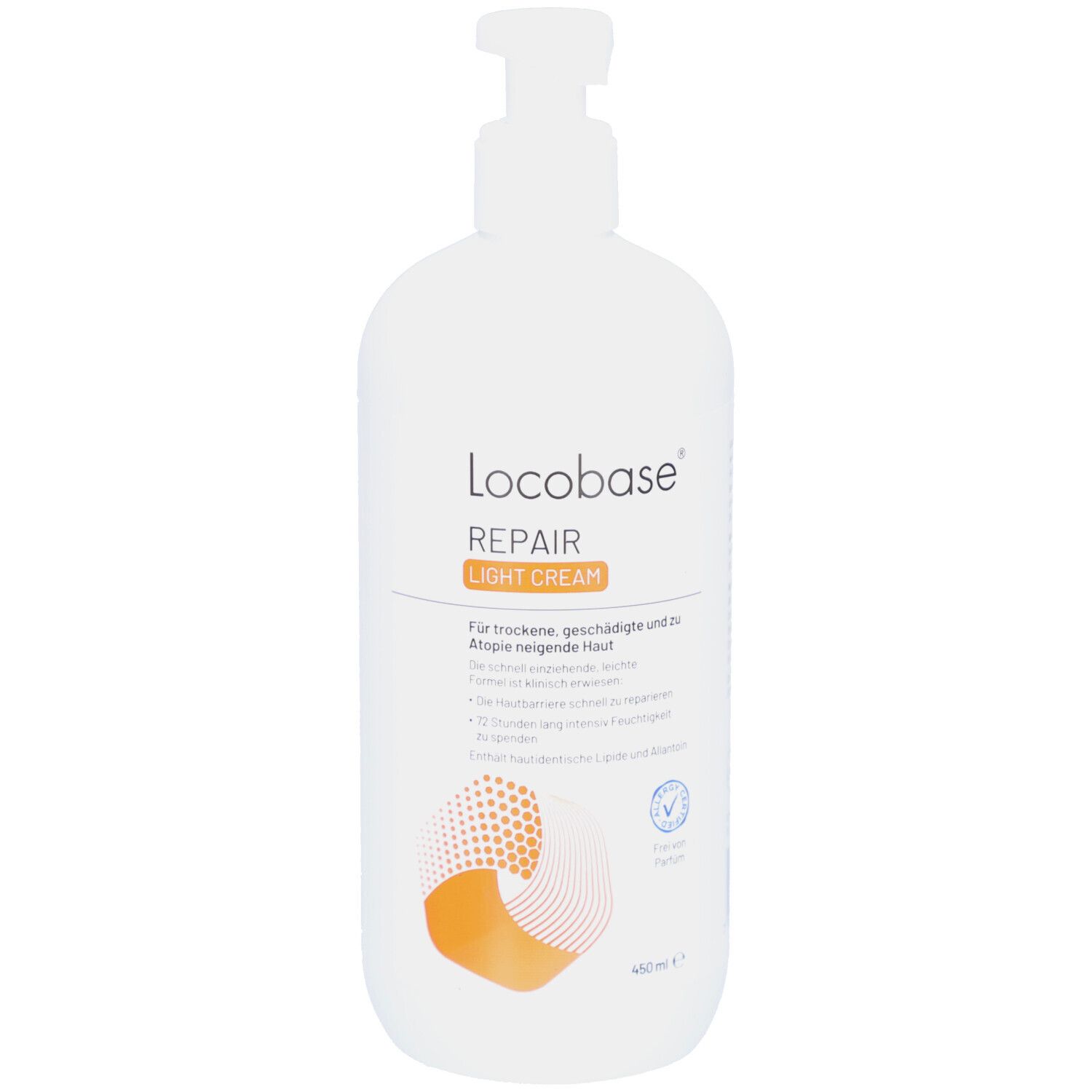 Weiße Flasche mit Pumpverschluss. Aufschrift: Locobase Repair Light Cream. Text für trockene, geschädigte Haut. Mit Logo.