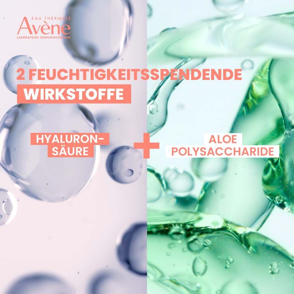 Abbildung von Hyaluronsäure und Aloe Polysaccharide. Text: 2 feuchtigkeitsspendende Wirkstoffe.