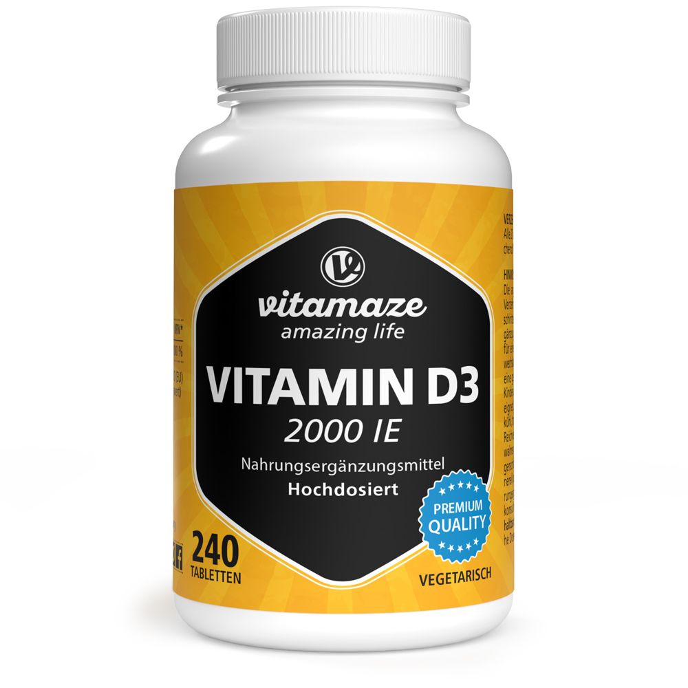 Weiße Flasche mit gelbem Etikett. Enthält Vitamin D3 2000 IE, 240 Tabletten. Vegetarisch, Premium Qualität.