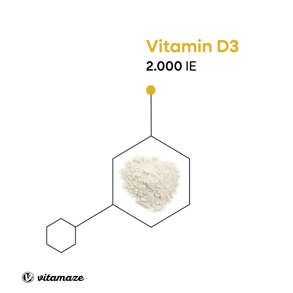 Grafische Darstellung von Vitamin D3. Gezeigt wird ein Haufen Pulver in einer sechseckigen Form.
