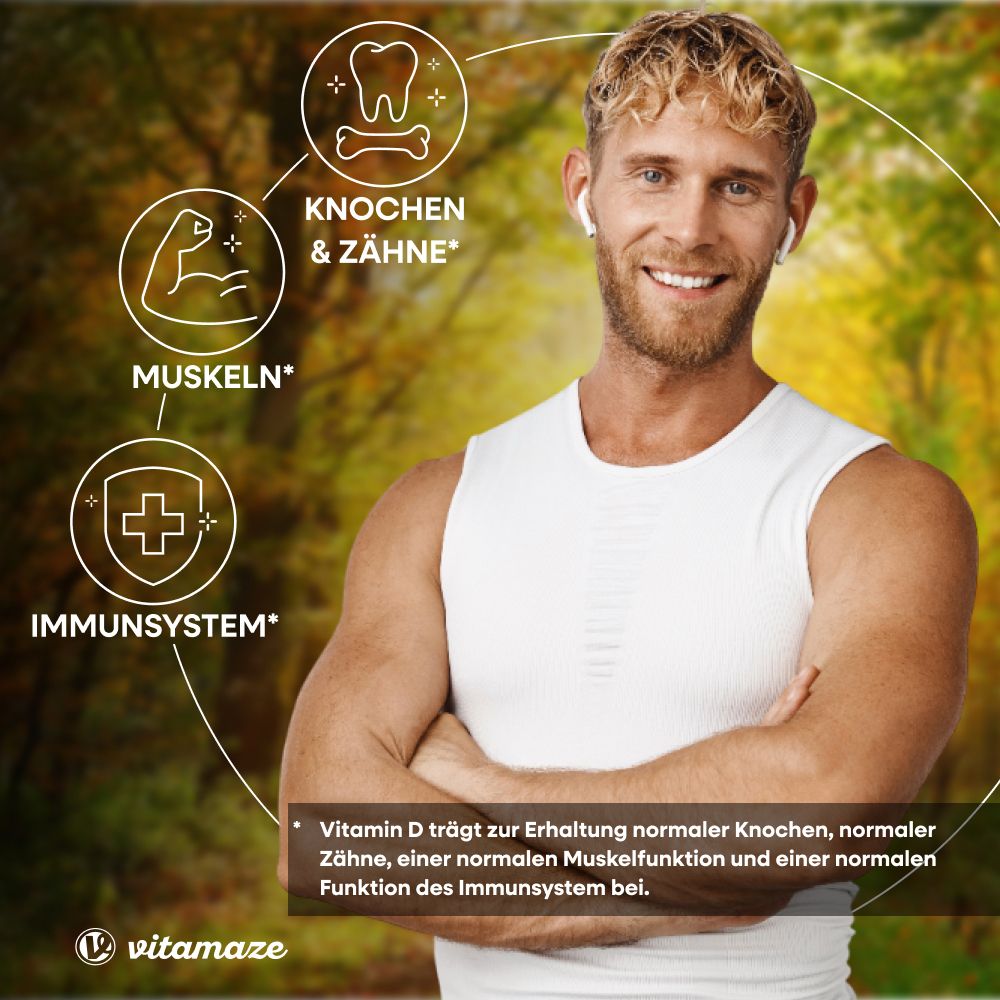 Mann mit Kopfhörern. Grafiken: Knochen & Zähne, Muskeln, Immunsystem. Text: Vitamin D trägt zur Erhaltung bei.
