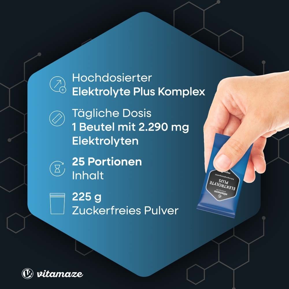 Hand hält Elektrolyte Plus Beutel. Enthält 2.290 mg Elektrolyte, 25 Portionen, 225 g zuckerfreies Pulver.
