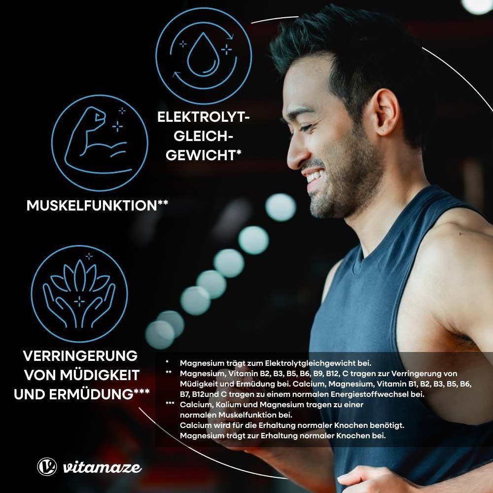 Mann trainiert. Text: Elektrolyt-Gleichgewicht, Muskelfunktion, Verringerung von Müdigkeit und Ermüdung.