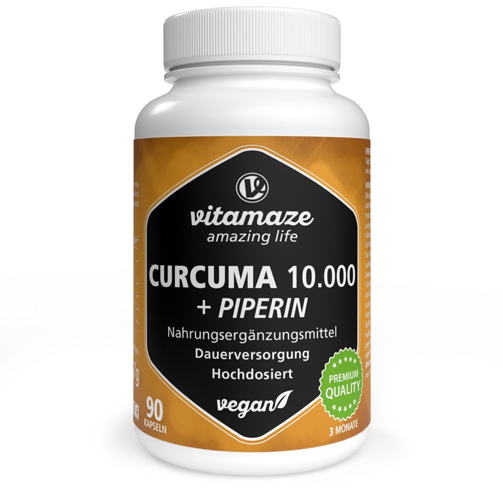 Weiße Flasche mit Kapseln. Schwarzes Etikett mit Produktnamen CURCUMA 10.000 + PIPERIN. 90 Kapseln, vegan.