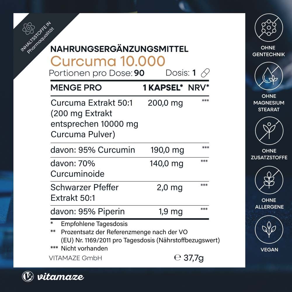 Nahrungsergänzungsmittel. Text: Curcuma 10.000, 1 Kapsel, 90 Portionen. Inhaltsstoffe, Nährwerte, ohne Gentechnik, ohne Zusatzstoffe, vegan.