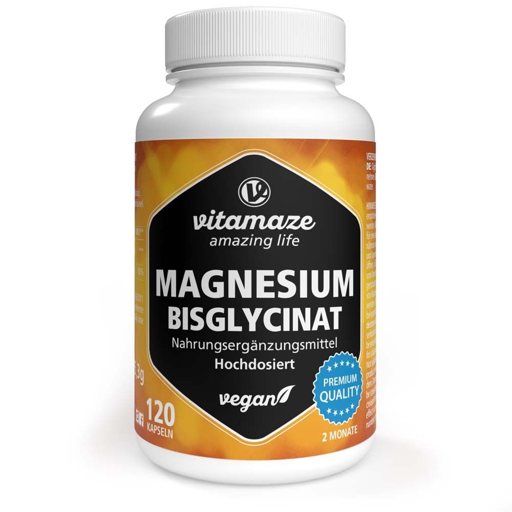 Weiße Flasche mit Etikett. Enthält Magnesium Bisglycinat Kapseln. Vegan, 120 Kapseln. Marke: Vitamaze.
