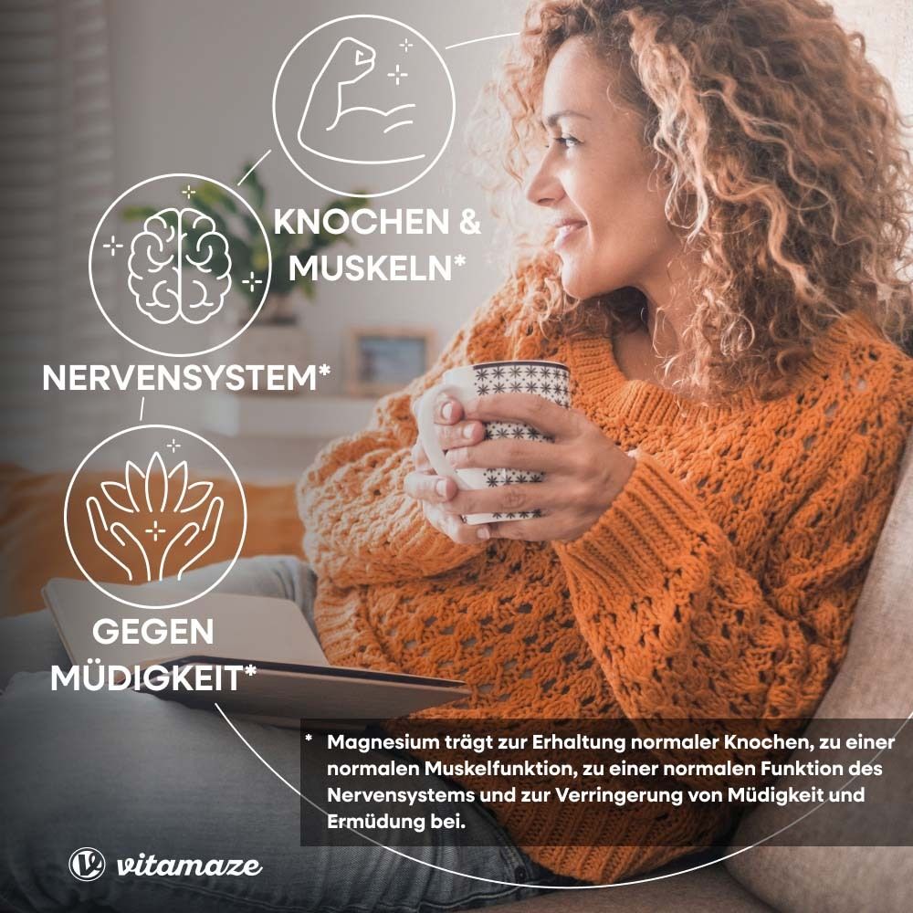 Frau mit Tasse. Text: Knochen & Muskeln, Nervensystem, gegen Müdigkeit. Marke: Vitamaze.
