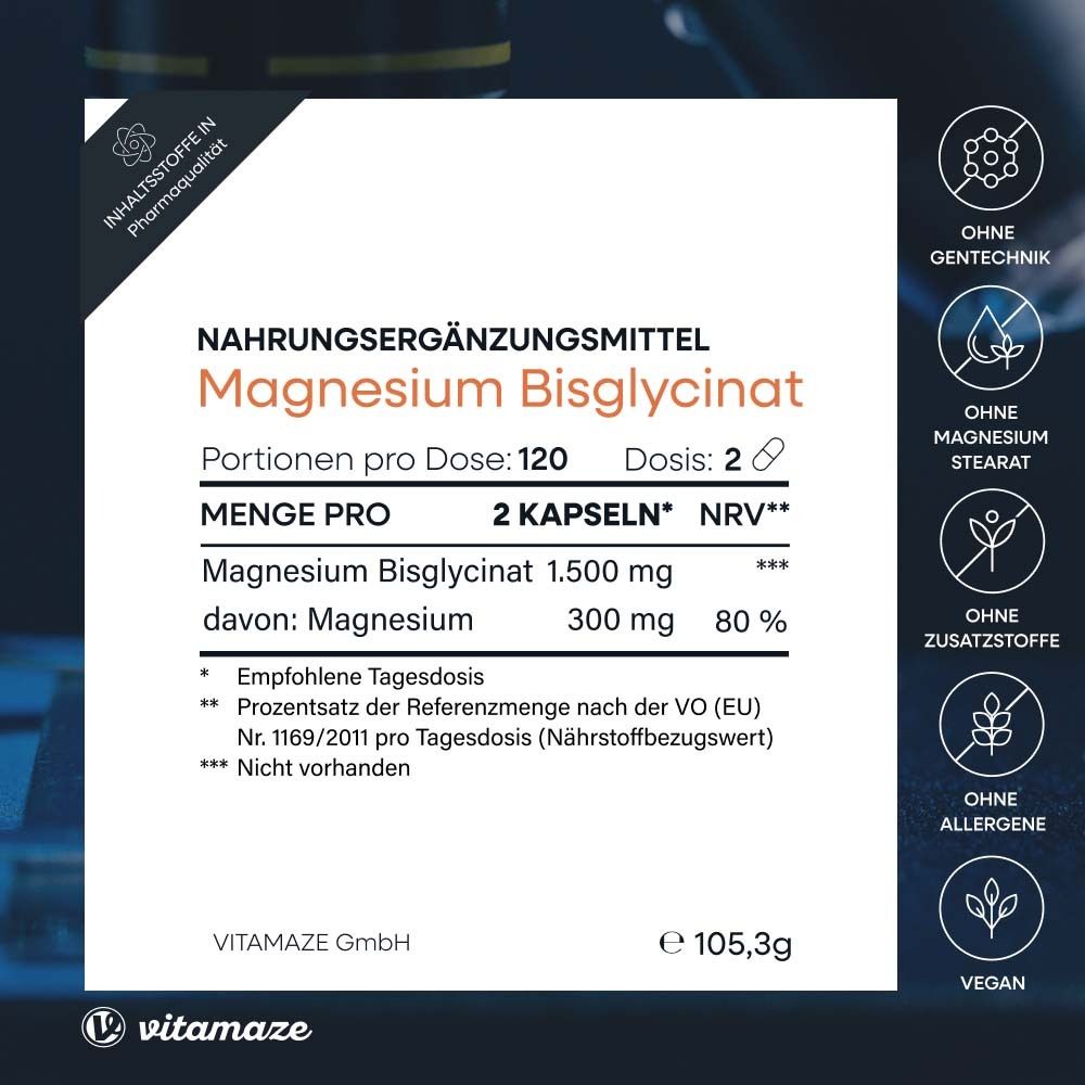 Nahrungsergänzungsmittel Magnesium Bisglycinat. 120 Portionen. Ohne Gentechnik, ohne Zusatzstoffe, vegan.