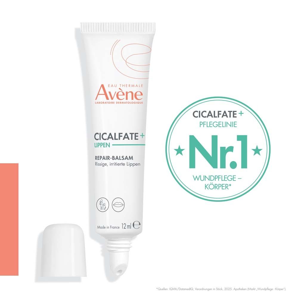 Weiße Tube mit Schraubverschluss. Aufschrift: Avène CICALFATE+ Lippen Repair-Balsam. 12ml. Nr.1 Wundpflege.