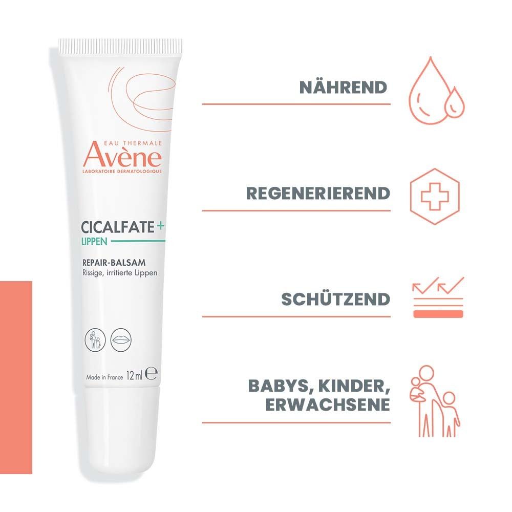 Weiße Tube mit Schraubverschluss. Aufschrift: Avène CICALFATE+ Lippen Repair-Balsam. 12ml. Icons.
