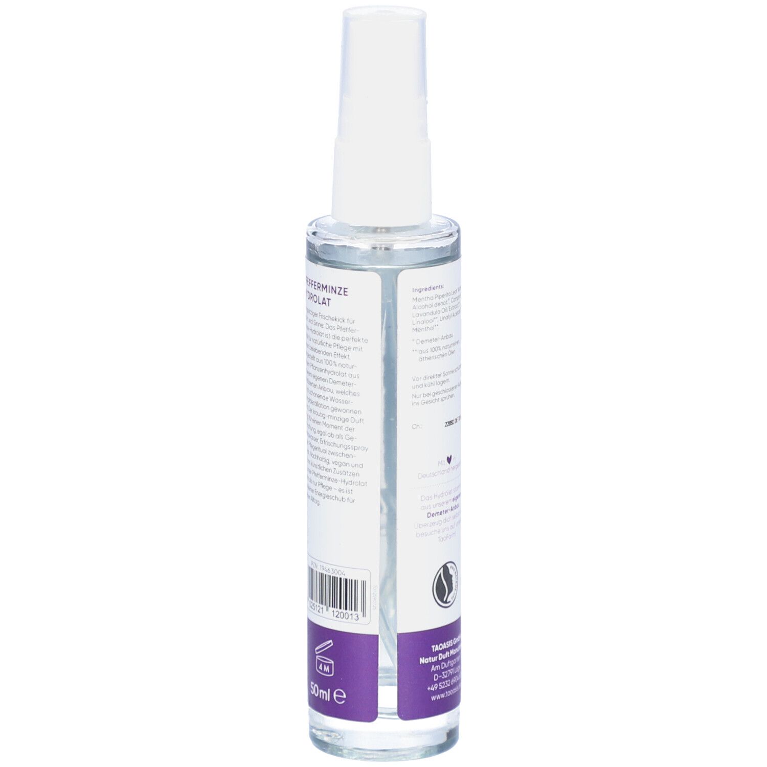 Seitenansicht der Sprühflasche. Etikett mit Text und Logo. Enthält 50ml. Demeter-Zertifizierung und andere Symbole.