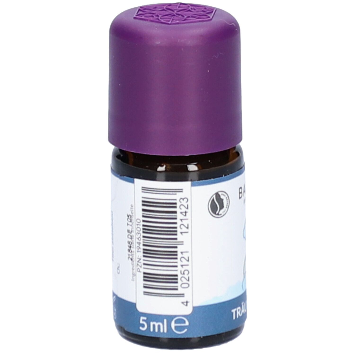 Braune Glasflasche mit lila Verschluss. Etikett mit Barcode und Text: 5 ml.