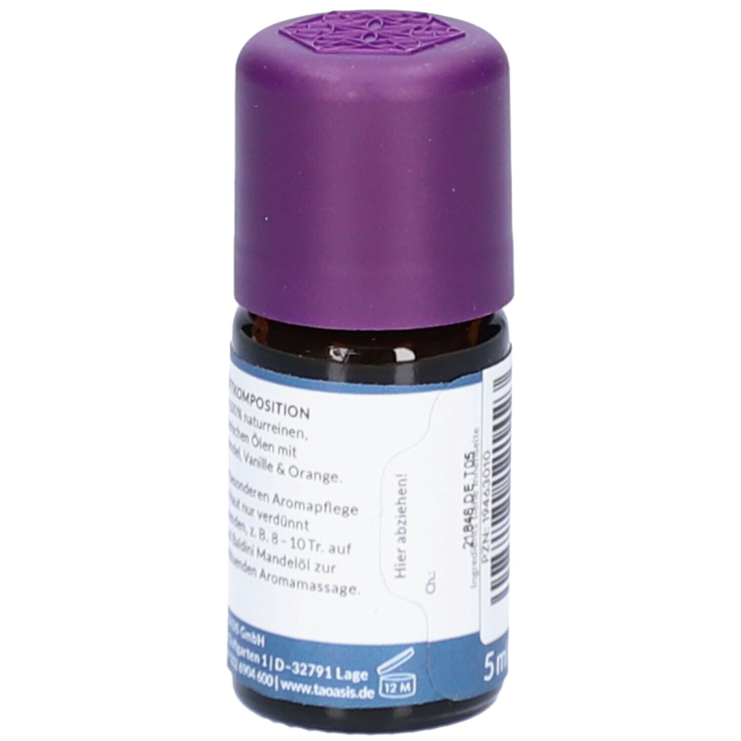 Braune Glasflasche mit lila Verschluss. Etikett mit Text: Duftkomposition, 5 ml.