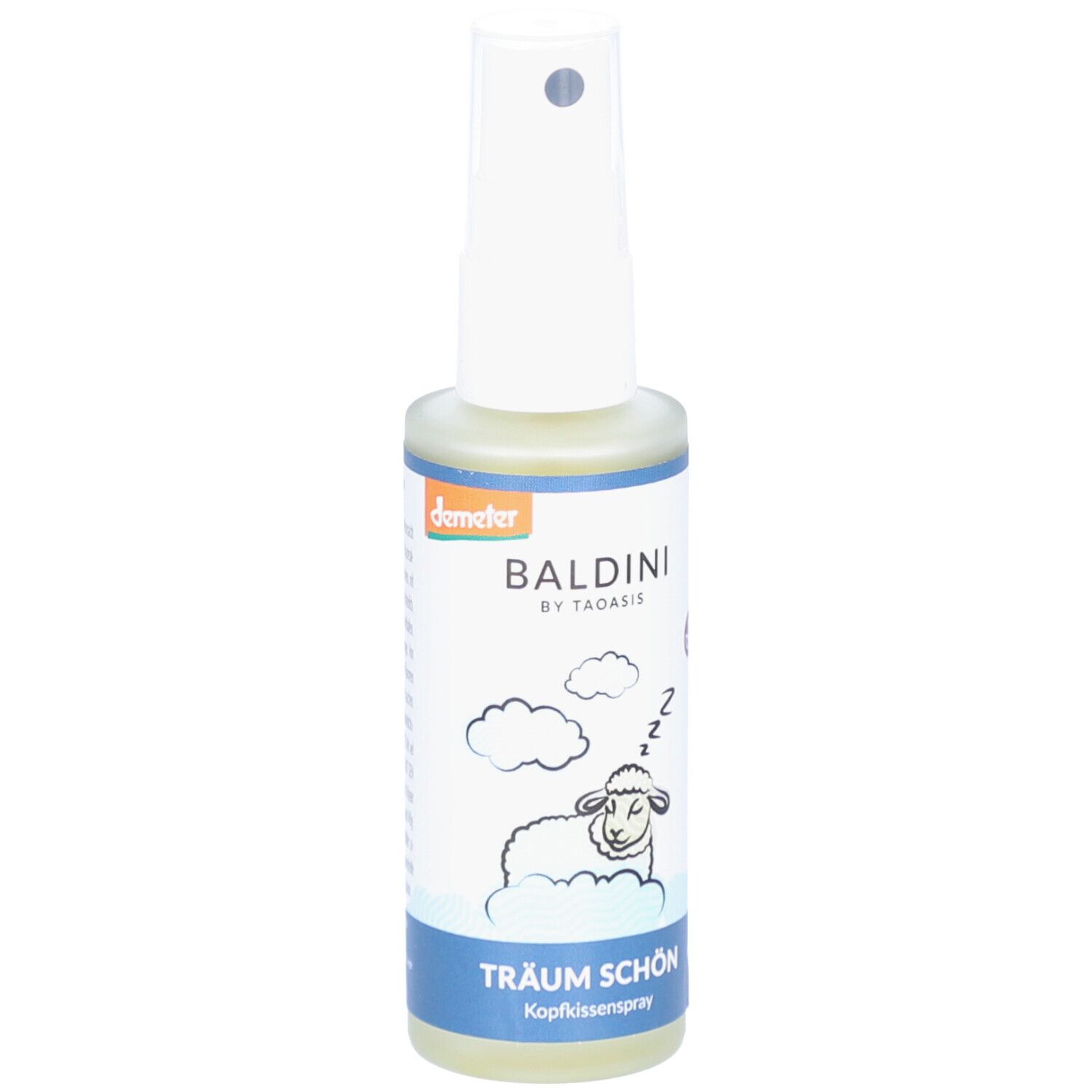 Kopfkissenspray-Flasche mit Sprühkopf. Aufschrift: Baldini, Träum Schön. Motiv: Schlafendes Schaf und Wolken.