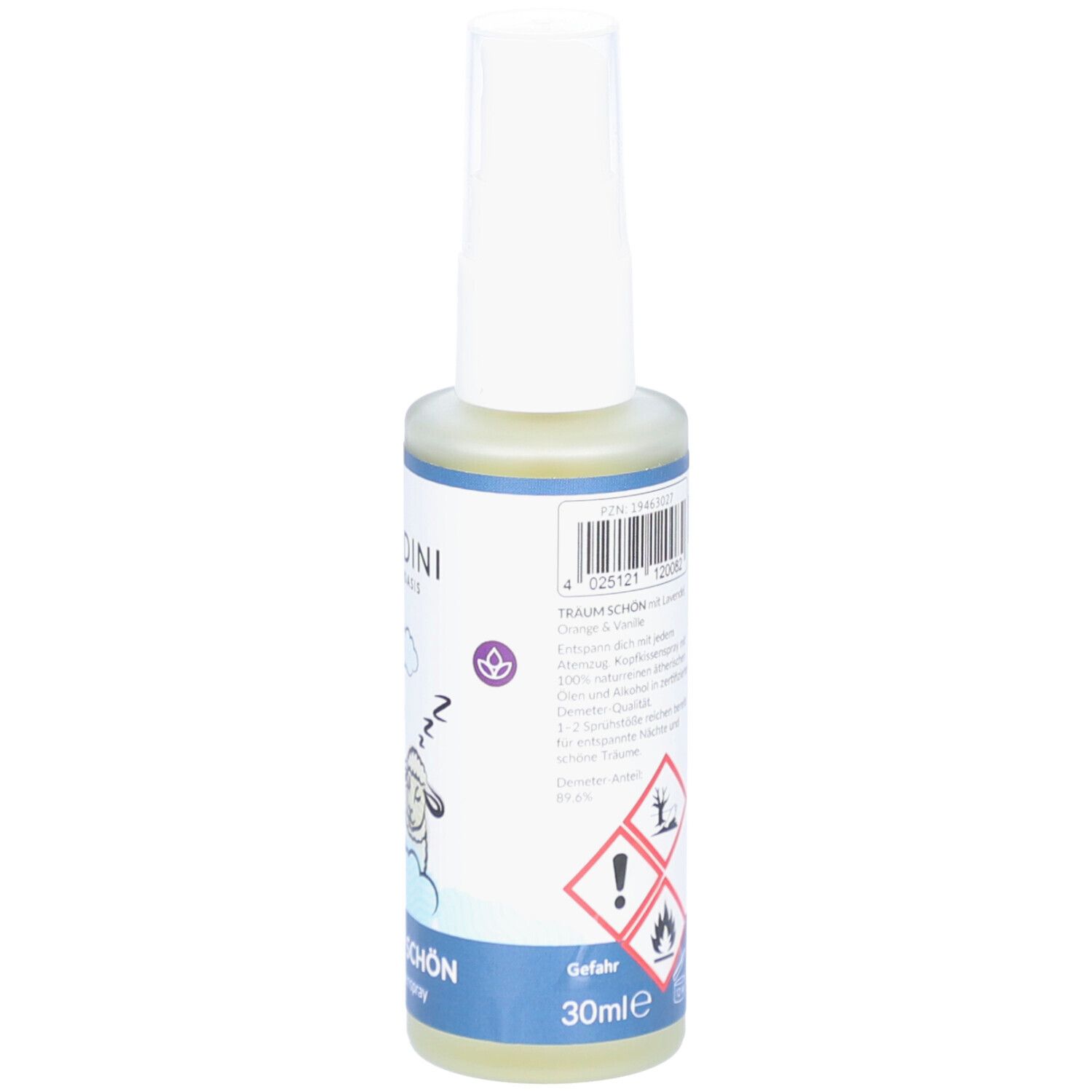 Kopfkissenspray-Flasche. Rückseite mit Text, Warnhinweisen und Gefahrensymbolen. 30ml. Demeter-Logo.