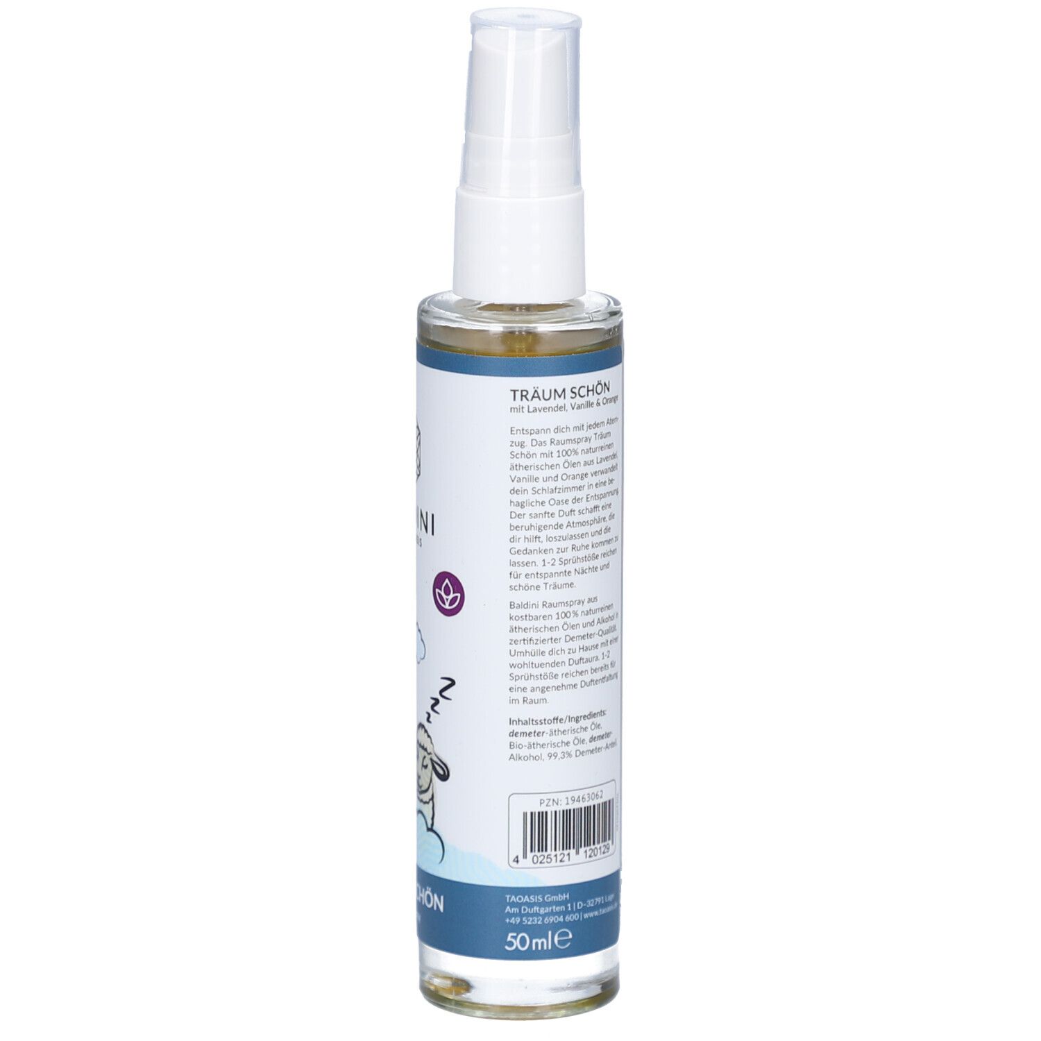 Zylindrische Flasche mit Sprühkopf. Rückseite mit Text und Barcode. Text: TRÄUM SCHÖN Raumspray. Volumen: 50ml.