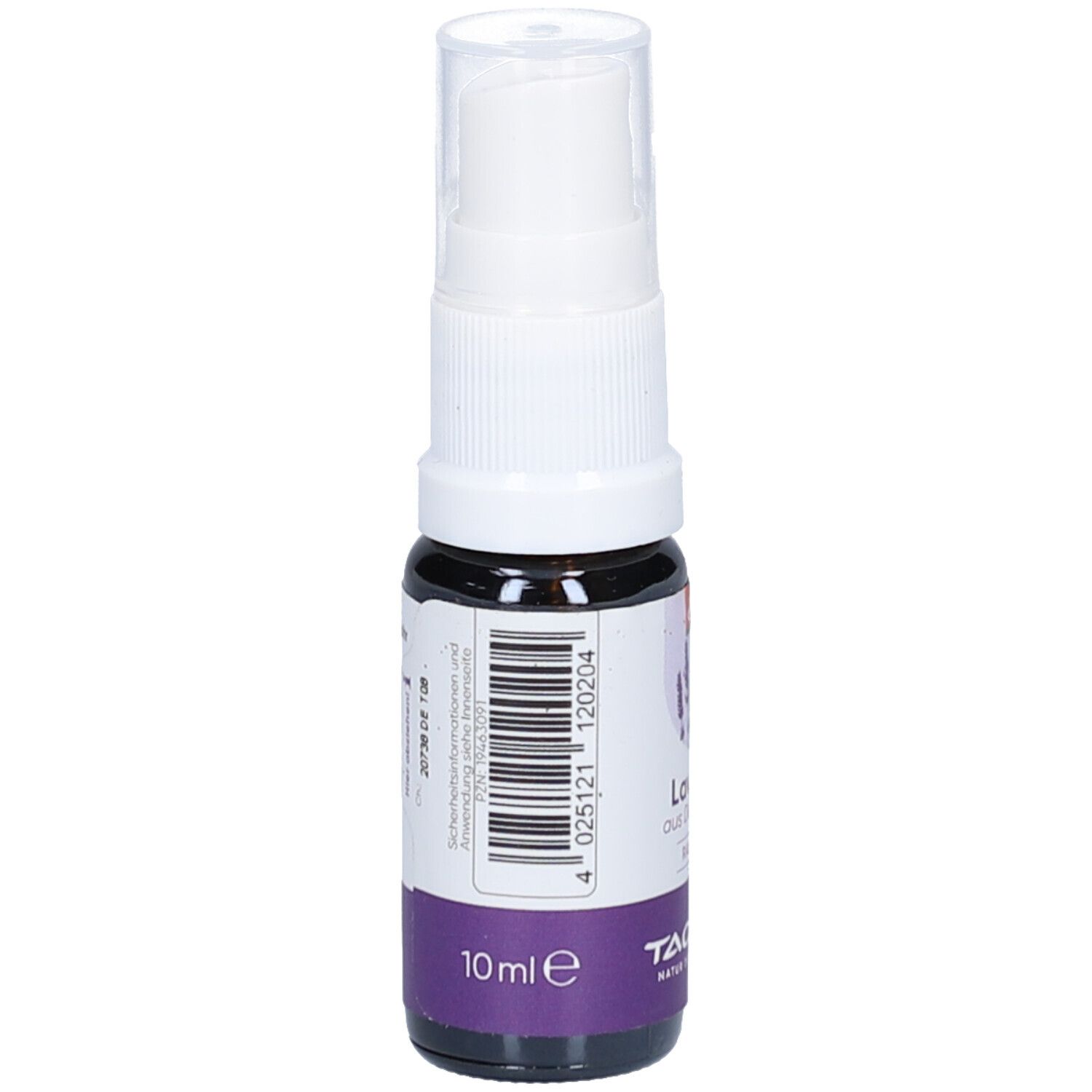 Kleine Sprühflasche mit weißem Sprühkopf und Etikett. Aufschrift: Lavendel, 10 ml. Barcode. Marke: TAOASIS.