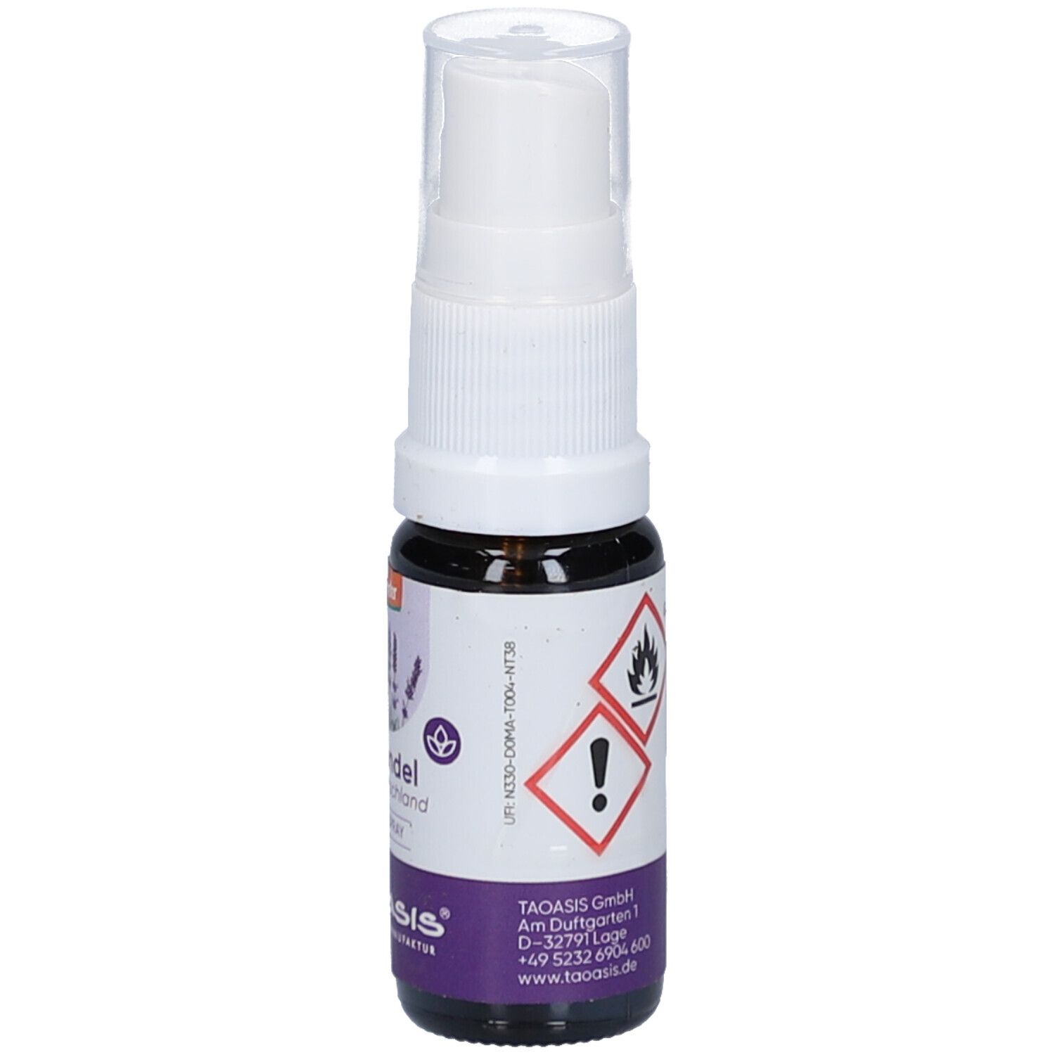 Kleine Sprühflasche mit weißem Sprühkopf und Etikett. Gefahrensymbole. Aufschrift: Lavendel, 10 ml. Marke: TAOASIS.