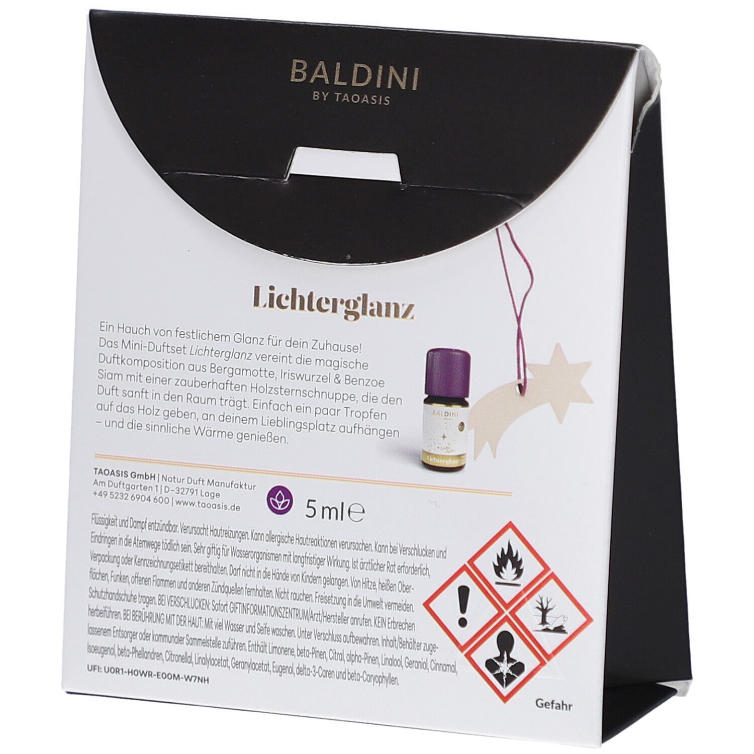 Rückseite der Geschenkverpackung. Text: Lichterglanz, 5ml, Warnhinweise. Baldini-Logo und Stern-Dekoration.