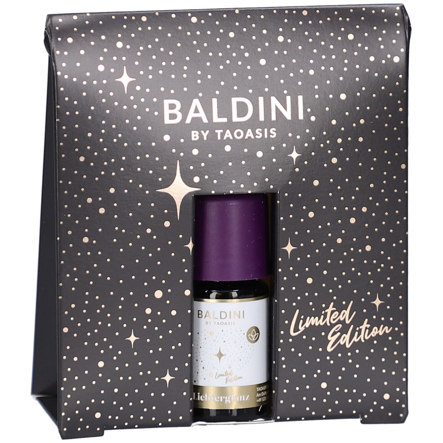 Schwarze Geschenkverpackung mit Baldini-Mini-Duftset. Flasche mit lila Deckel sichtbar. Aufschrift: Limited Edition.