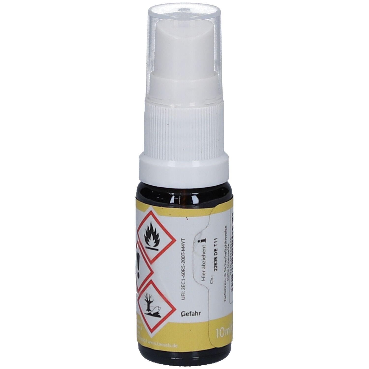 Braune Glasflasche mit weißem Sprühkopf. Aufkleber mit Gefahrensymbolen: Flamme, Ausrufezeichen, Baum/Toter Fisch.