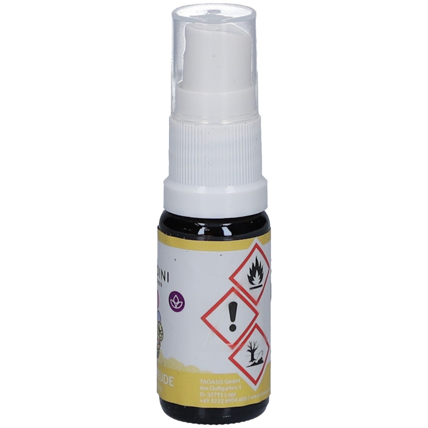 Braune Glasflasche mit weißem Sprühkopf. Aufkleber mit Gefahrensymbolen: Flamme, Ausrufezeichen, Baum/Toter Fisch.