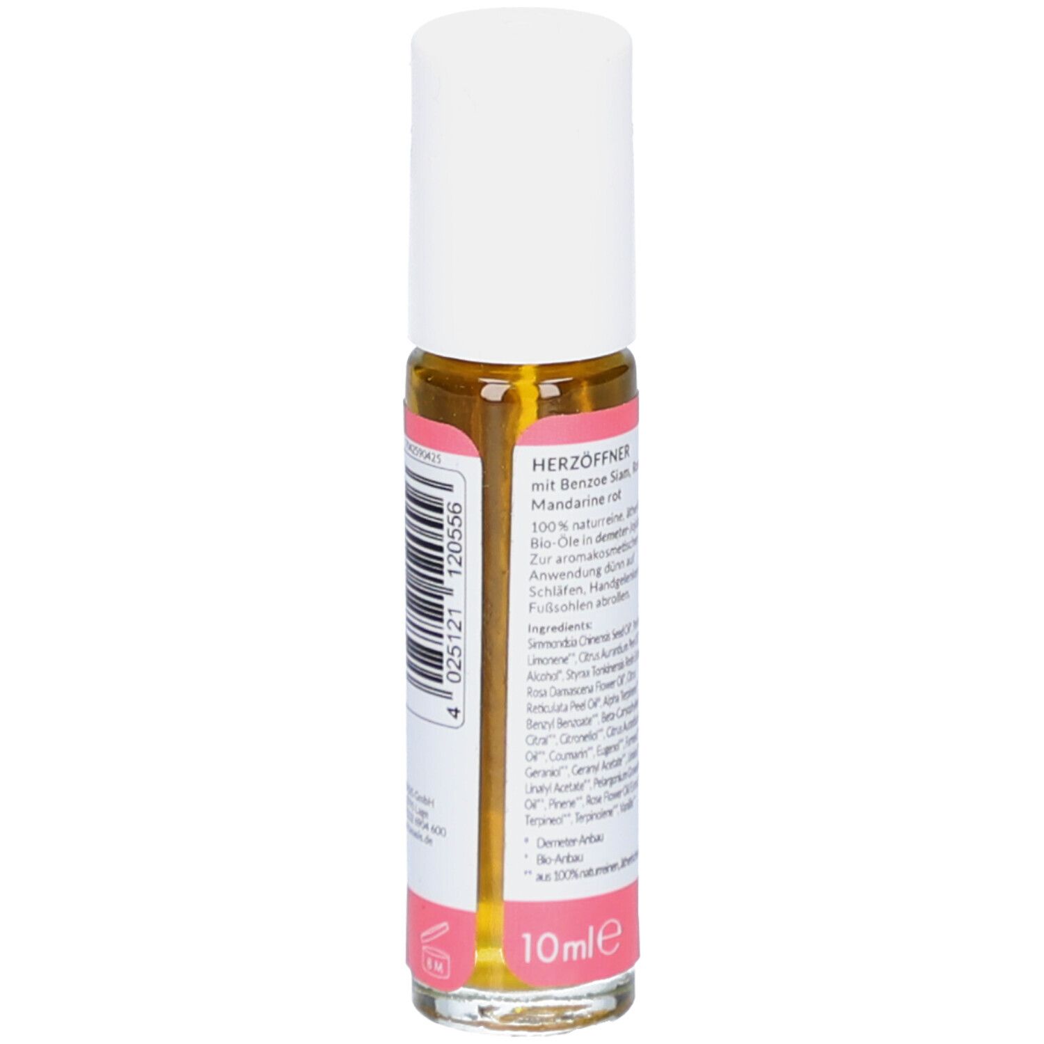 Rückseite der Roll-On-Flasche. Text mit Inhaltsstoffen und Anwendungshinweisen. 10 ml. Rosa und weißes Etikett.