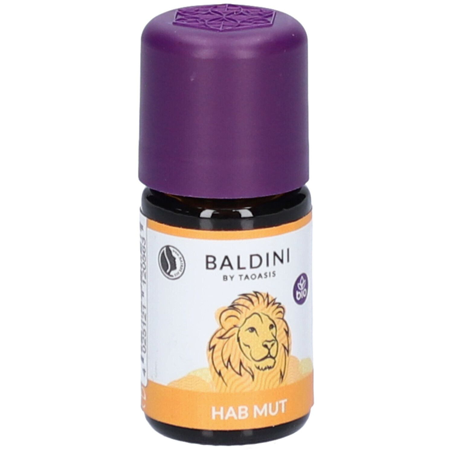 Braune Glasflasche mit lila Verschluss. Aufkleber mit Löwen-Illustration und Schriftzug HAB MUT. Marke: Baldini.