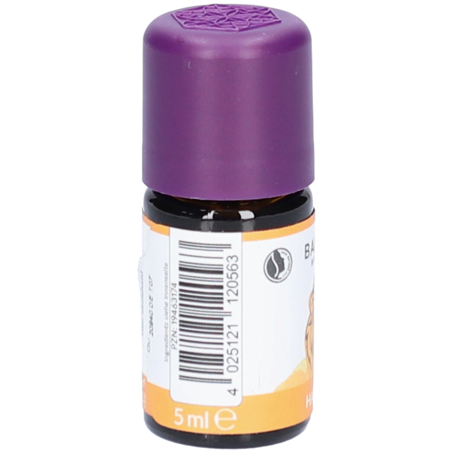 Braune Glasflasche mit lila Verschluss. Aufkleber mit Barcode und Schriftzug. Volumen: 5 ml.