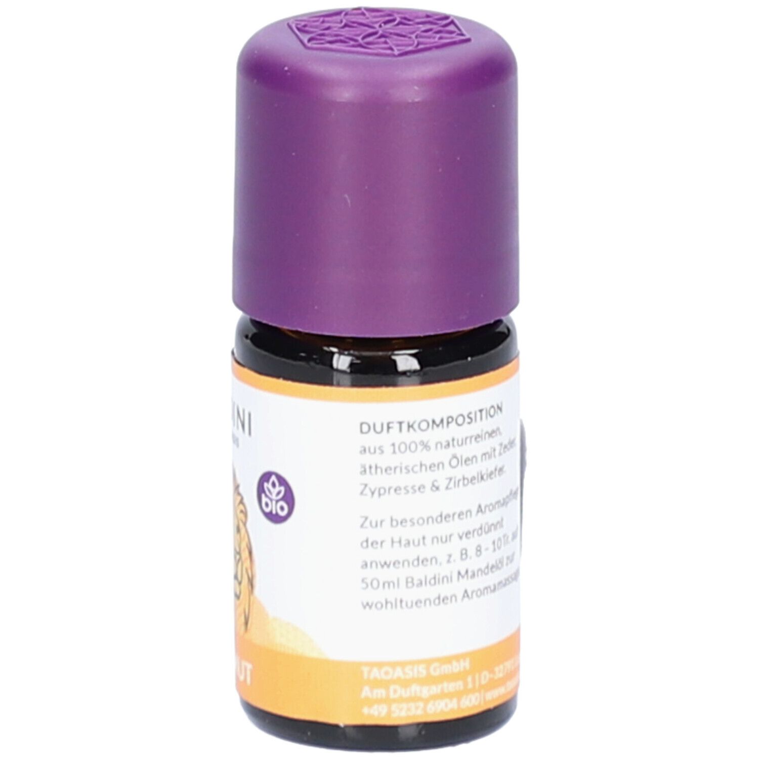 Braune Glasflasche mit lila Verschluss. Aufkleber mit Produktinformationen. Marke: Baldini.