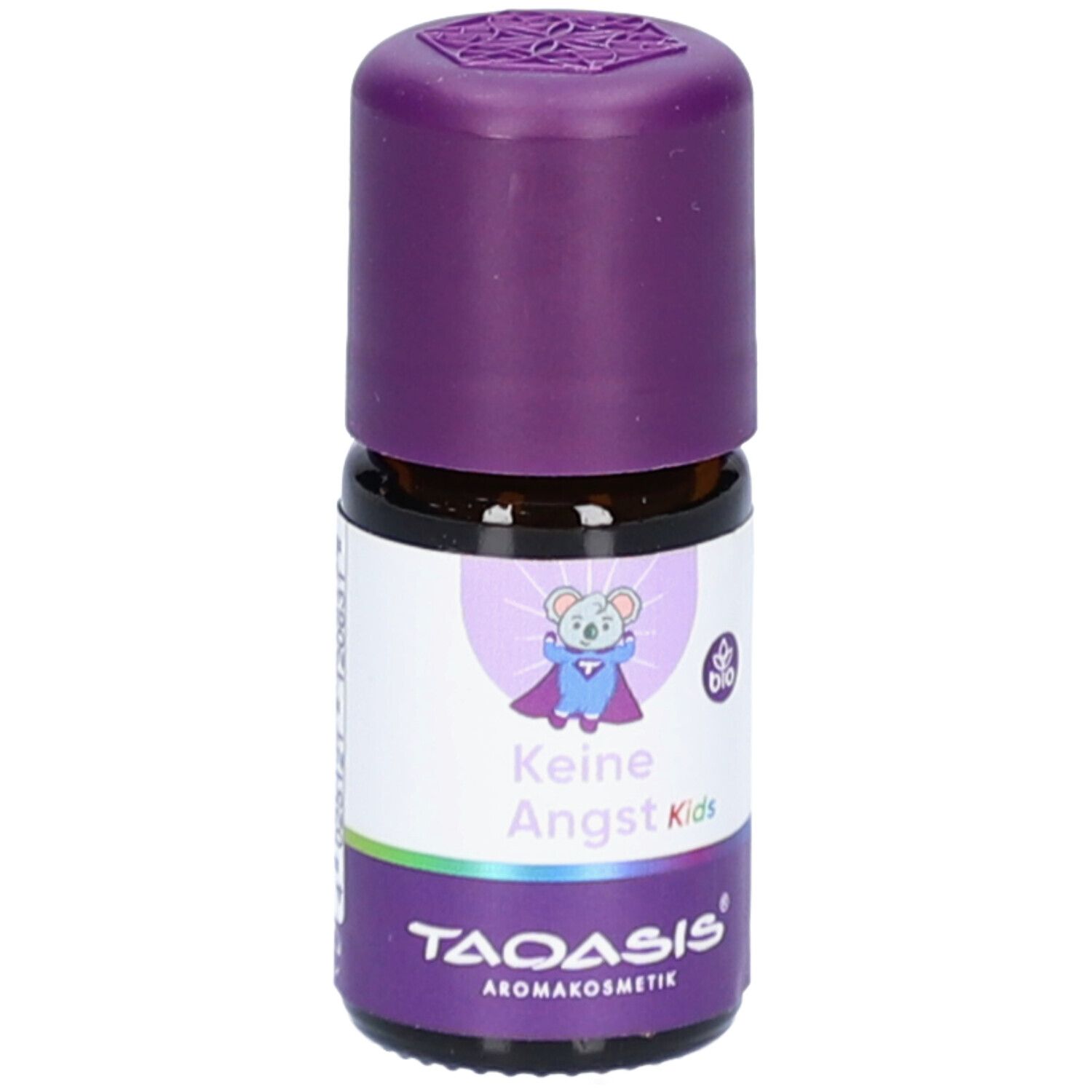 Braune Glasflasche mit lila Verschluss. Etikett mit Text: Keine Angst Kids, Bio-Siegel und TAOASIS Logo. Abbildung eines Superhelden-Koalas.